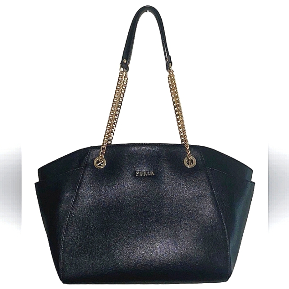 FURLA BLACK CHAIN LEATHER TOTE EUC AUTHENTIC